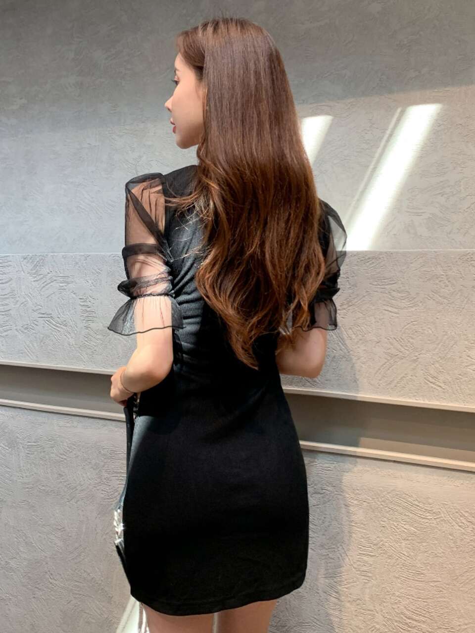 Contrast Mesh Square Neck Dress,Ruffle Cocktail Dress