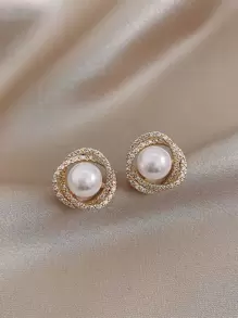 Pendientes de botón con diseño de perla artificial y diamante de imitación - Amarillo Oro - Ver 1