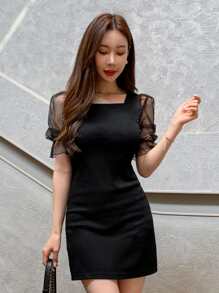 DAZY 对比色网眼方领连衣裙，荷叶边 - 黑色 - 查看 4