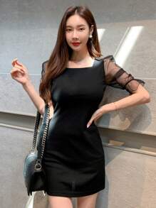 DAZY 对比色网眼方领连衣裙，荷叶边 - 黑色 - 查看 5