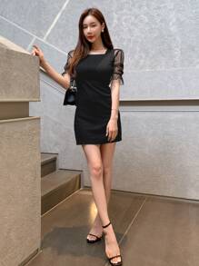 DAZY 对比色网眼方领连衣裙，荷叶边 - 黑色 - 查看 6