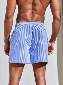 Horizaway Men Striped Print Drawstring Waist Swim Trunks - Blue and White - View 2