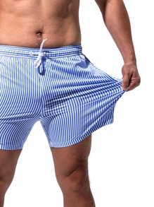 Horizaway Men Striped Print Drawstring Waist Swim Trunks - Blue and White - View 5
