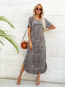 DEARCASE 豹紋印花弧形下擺T恤連衣裙 - 彩色 - 查看 1