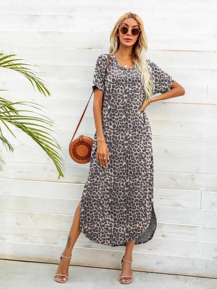 DEARCASE 豹紋印花弧形下擺T恤連衣裙 - 彩色 - 查看 1