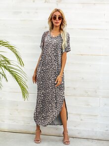 DEARCASE 豹紋印花弧形下擺T恤連衣裙 - 彩色 - 查看 3