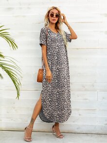 DEARCASE 豹紋印花弧形下擺T恤連衣裙 - 彩色 - 查看 5