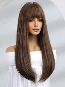 Long Straight Synthetic Wig With Bangs - Brown - View 4