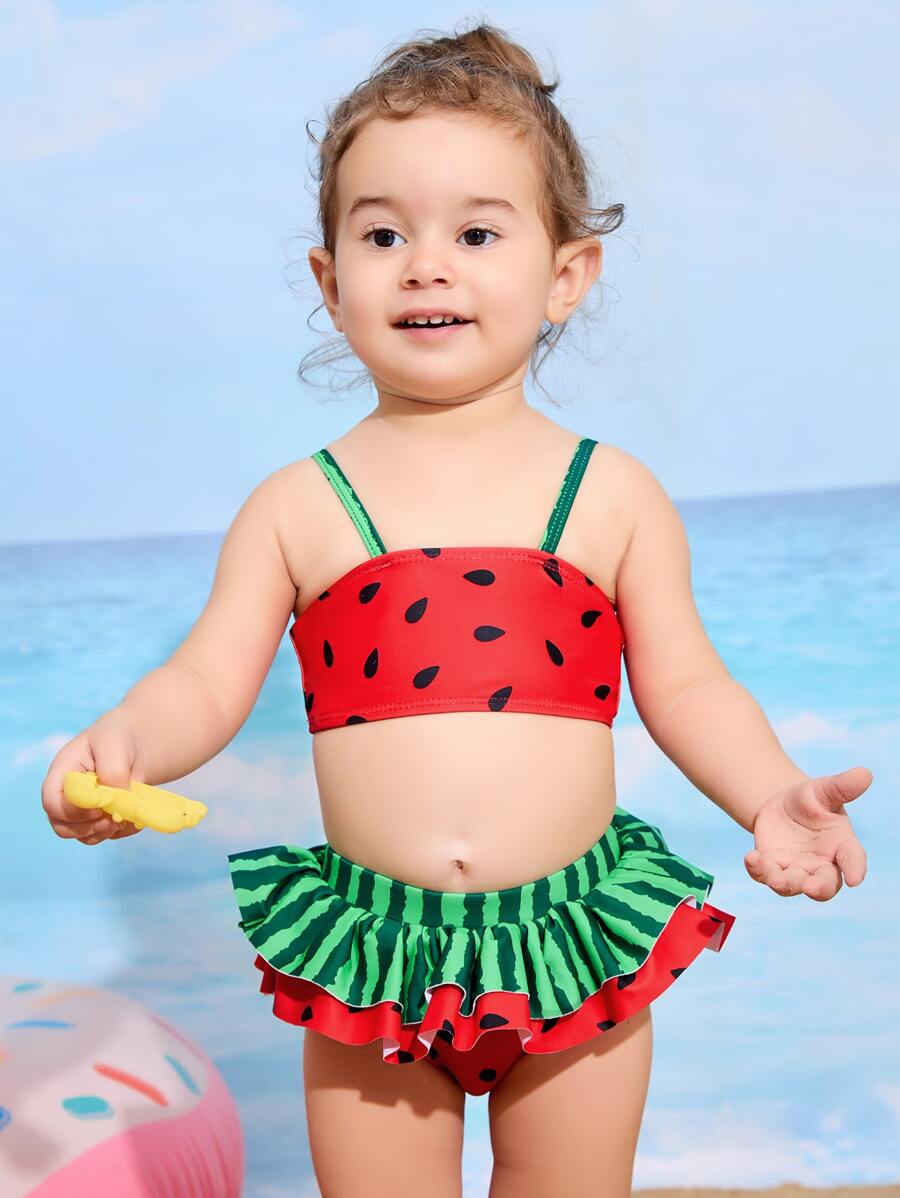 Ropa de playa de verano con estampado de sandía, volantes en el bajo para bebé niña - Multicolor - Ver 1