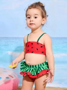 Ropa de playa de verano con estampado de sandía, volantes en el bajo para bebé niña - Multicolor - Ver 3