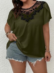 SHEIN Clasi 大碼蕾絲拼接花瓣袖襯衫 - 軍綠色 - 查看 4