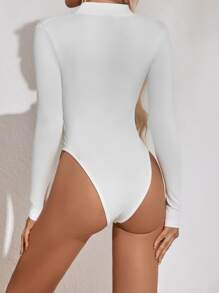 SHEIN PETITE Zip Front Slim Fit Spring Women Bodysuit - White - View 2