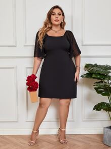 Đầm Plus Size Tương phản Mesh Gân đan màu trơn Thanh lịch - màu đen - Xem 6