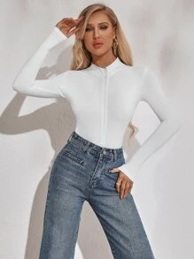 SHEIN PETITE Zip Front Slim Fit Spring Women Bodysuit - White - View 4