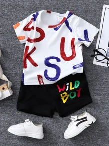 Baby Boy Letter Graphic Tee & Shorts - Black and White - View 1