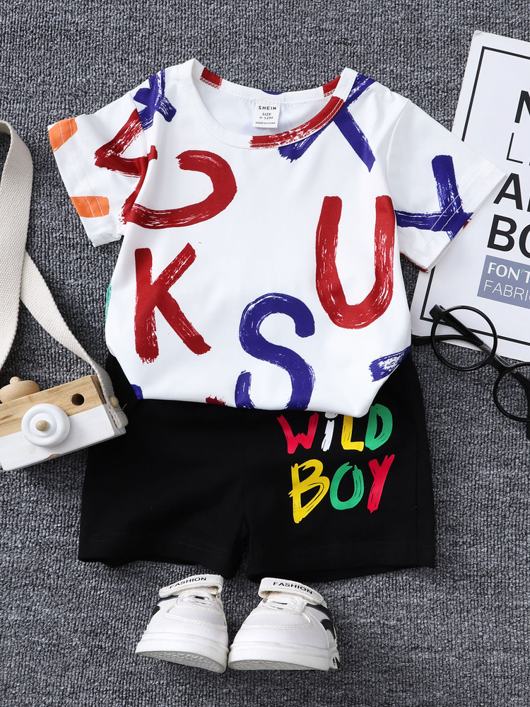 Baby Boy Letter Graphic Tee & Shorts - Black and White - View 6
