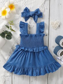 Bebé ribete con fruncido Vestido con fruncido & Diadema - Azul - Ver 1