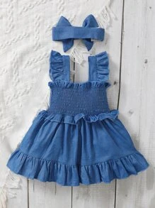 Bebé ribete con fruncido Vestido con fruncido & Diadema - Azul - Ver 2