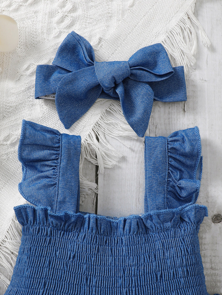 Baby Ruffle Trim Shirred Dress & Headband - Blue - View 3