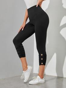 EMERY ROSE Ruched Side Button Hem Leggings - Black - View 1