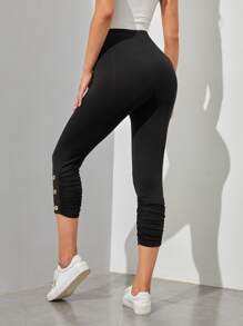 EMERY ROSE Ruched Side Button Hem Leggings - Black - View 2