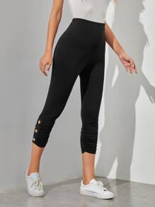 EMERY ROSE Ruched Side Button Hem Leggings - Black - View 3