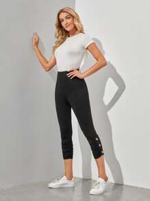 EMERY ROSE Ruched Side Button Hem Leggings - Black - View 5