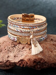 Owl & Tassel Charm Rhinestone Decor Bracelet - Multicolor - View 1