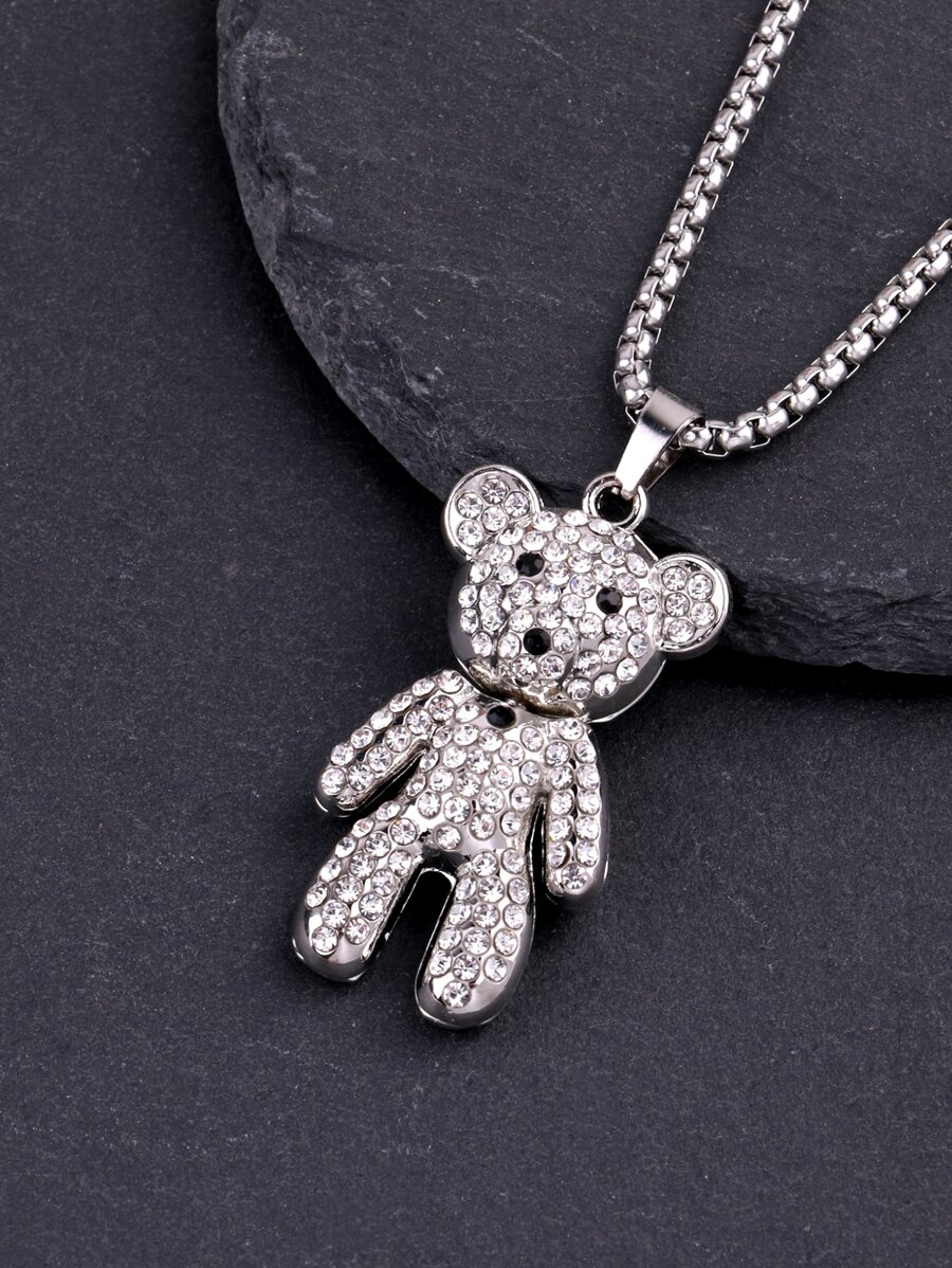 時尚流行男士水鑽小熊吊墜項鍊合金，適合珠寶禮物和時尚外觀 - 銀色 - 查看 1