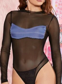 SHEIN Contrast Panel Sheer Mesh Bodysuit Without Panty - Black - View 3