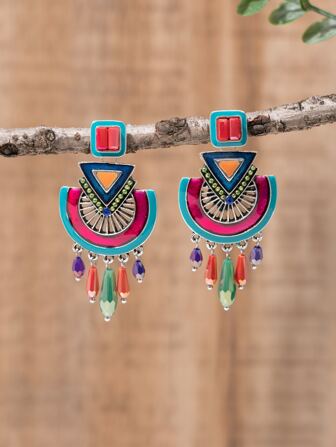 1 对手工制作的波西米亚珐琅水晶耳坠，花卉图案和颜色位置随机设计，形状和色调略有不同