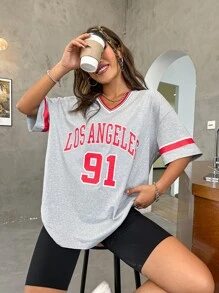 SHEIN Unity Camiseta de hombros caídos con estampado de letra ribete de rayas - Gris Claro - Ver 1