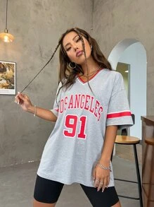 SHEIN Unity Camiseta de hombros caídos con estampado de letra ribete de rayas - Gris Claro - Ver 4