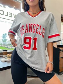 SHEIN Unity Camiseta de hombros caídos con estampado de letra ribete de rayas - Gris Claro - Ver 5