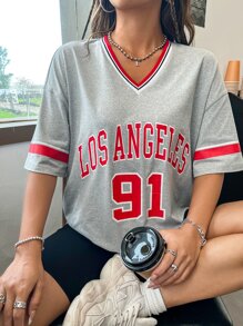 SHEIN Unity Camiseta de hombros caídos con estampado de letra ribete de rayas - Gris Claro - Ver 6