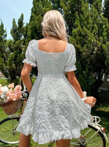 SHEIN VCAY Square Neck Bow Front Floral Jacquard Dress - White - View 2