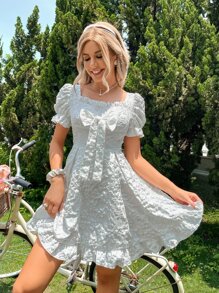 SHEIN VCAY Square Neck Bow Front Floral Jacquard Dress - White - View 4