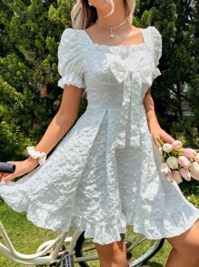 SHEIN VCAY Square Neck Bow Front Floral Jacquard Dress - White - View 5
