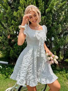 SHEIN VCAY Square Neck Bow Front Floral Jacquard Dress - White - View 6