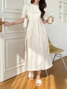 DAZY Floral Embroidery Puff Sleeve High Waist Dress,Casual Women Dresses - Apricot - View 5