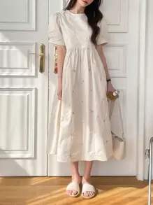 DAZY Floral Embroidery Puff Sleeve High Waist Dress,Casual Women Dresses - Apricot - View 6