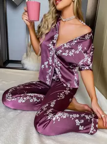 Floral Print Contrast Piping Button Through Satin PJ Set / Pajama Set - Purple - View 1