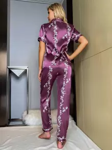 Floral Print Contrast Piping Button Through Satin PJ Set / Pajama Set - Purple - View 2