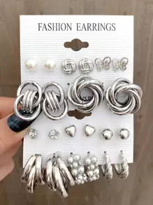 11pairs Faux Pearl & Butterfly Design Earrings - Silver - View 2