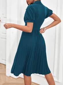 SHEIN Clasi Puff Sleeve Pleated Hem Dress - Teal Blue - View 2
