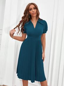 SHEIN Clasi Puff Sleeve Pleated Hem Dress - Teal Blue - View 3