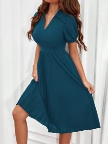 SHEIN Clasi Puff Sleeve Pleated Hem Dress - Teal Blue - View 6