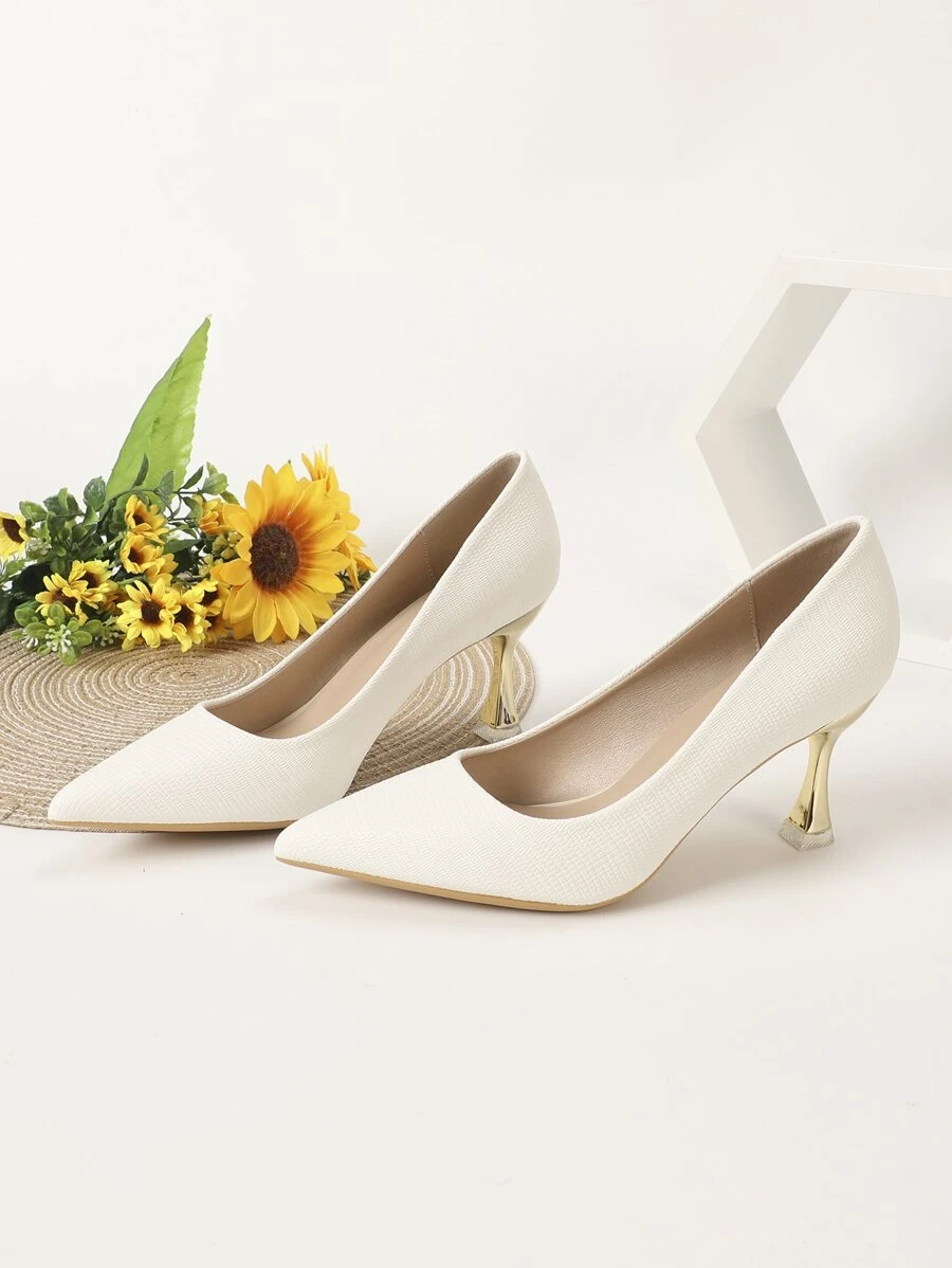 秋冬女士白色金字塔形鞋跟浅口鞋，优雅尖头鞋，优雅细高跟鞋 - 白色 - 查看 1