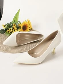 秋冬女士白色金字塔形鞋跟浅口鞋，优雅尖头鞋，优雅细高跟鞋 - 白色 - 查看 4