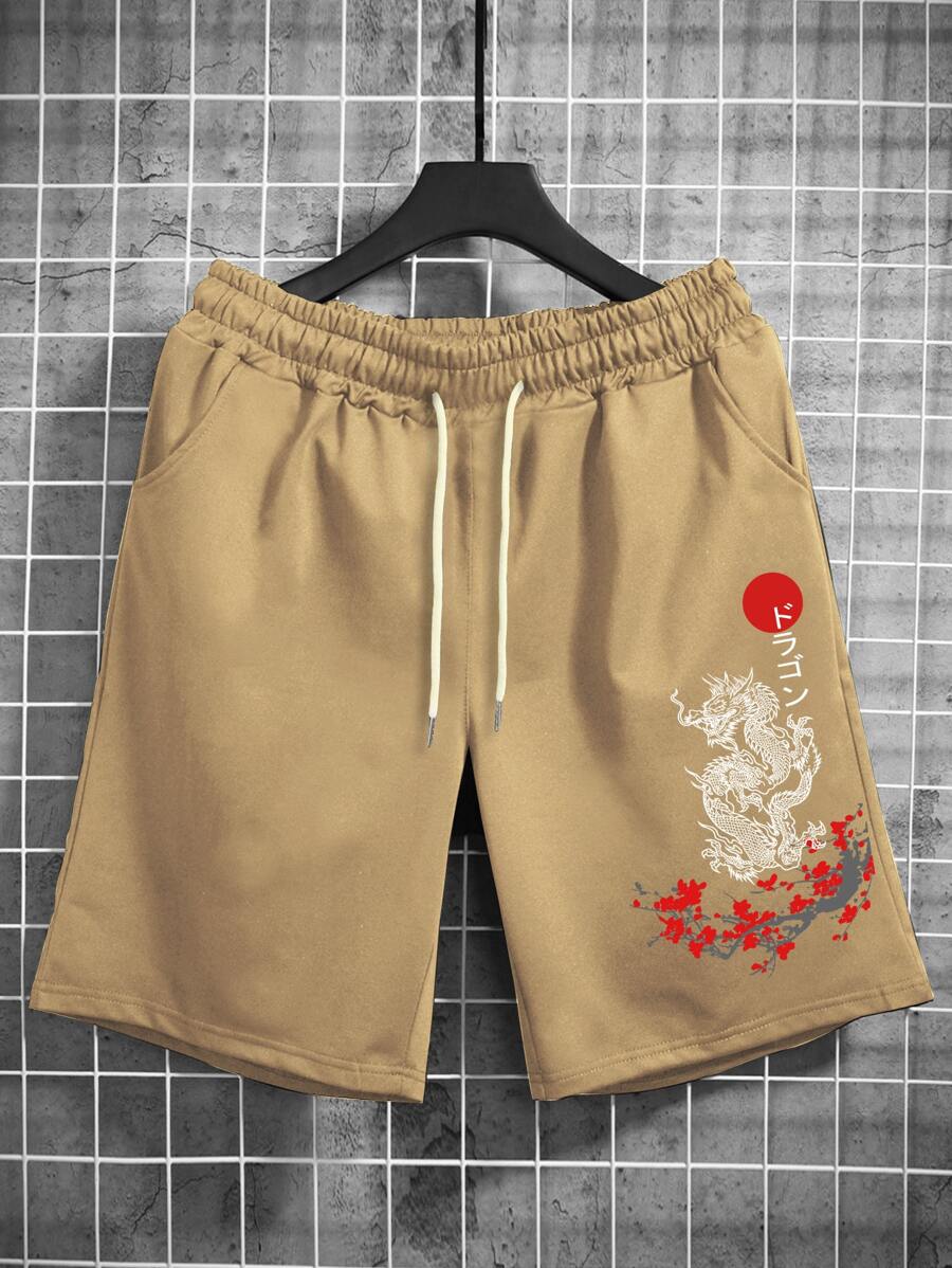 Manfinity EMRG 男士日文圖案和龍圖案腰部抽繩短褲 - 卡其色 - 查看 1